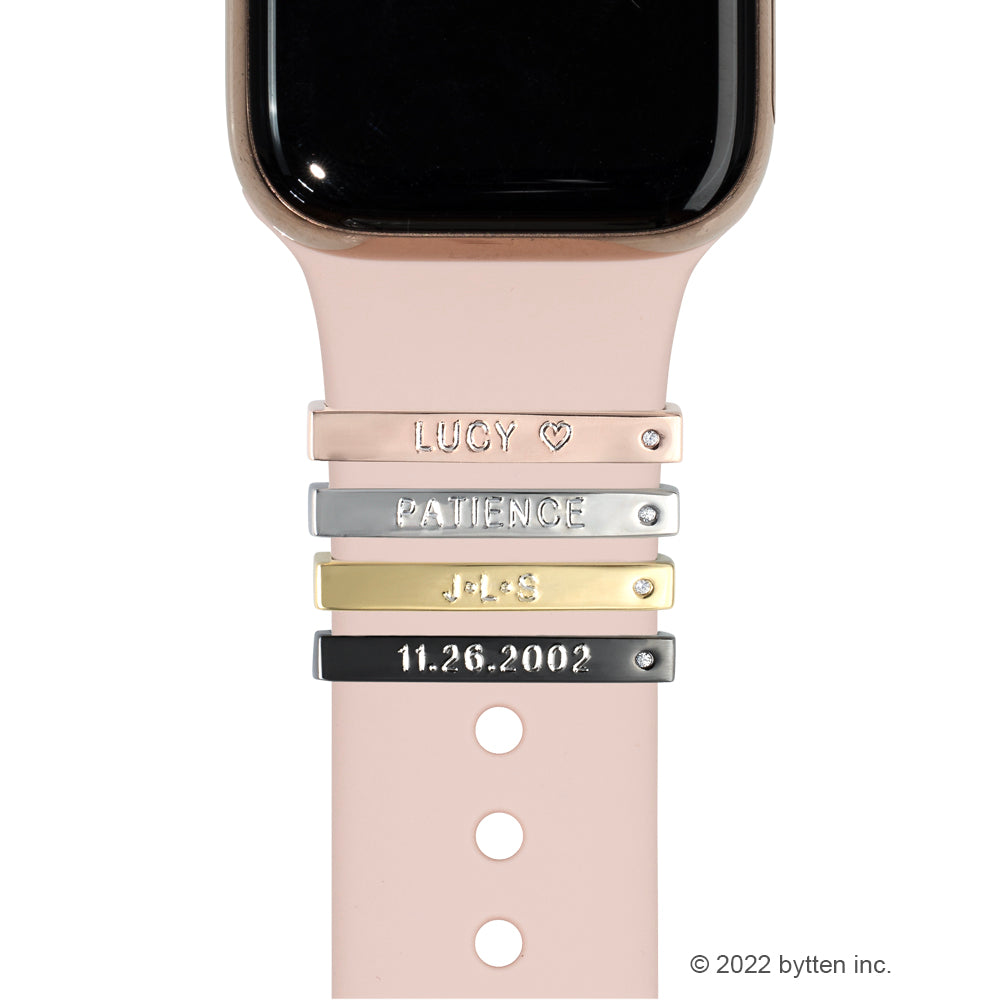 Apple Watch with pink blush sport band and bytten 3mm engraved etoile rings