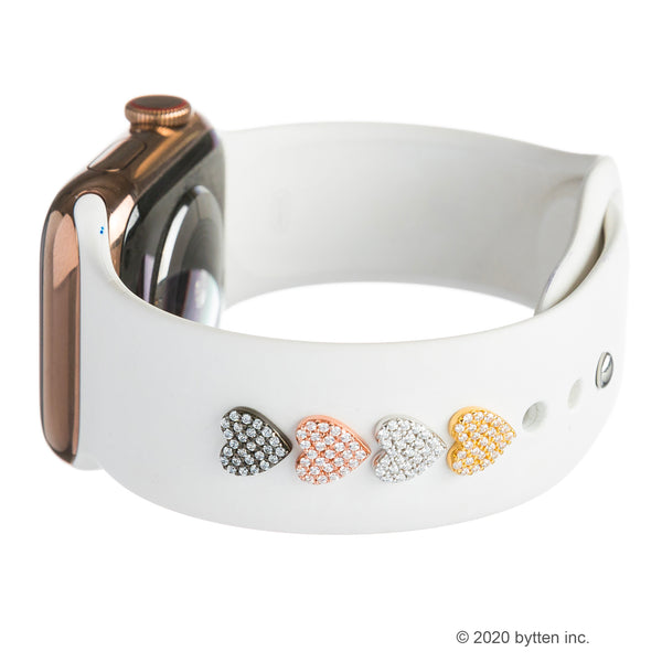bytten apple watch pave heart iwatch charms in rose gold, silver, gold and black rhodium