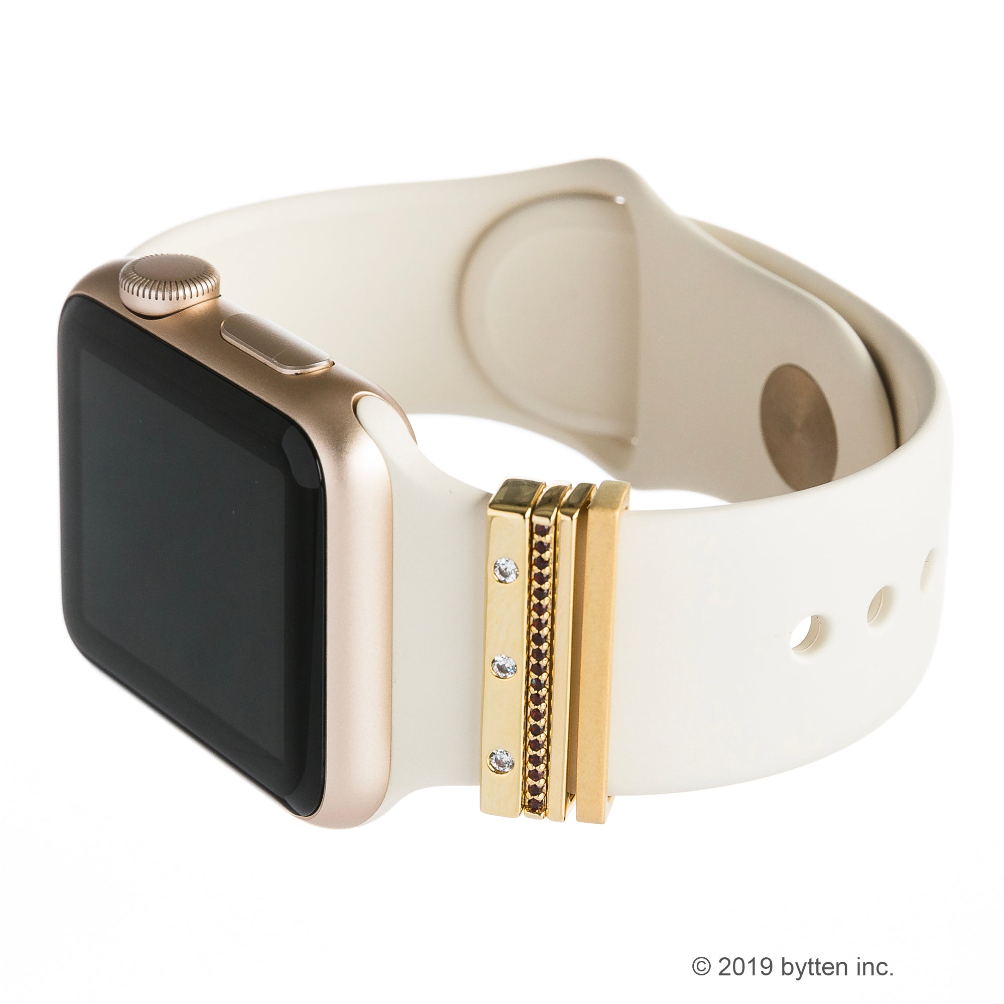 bytten gold monaco stack on gold Apple Watch with winter white sport band