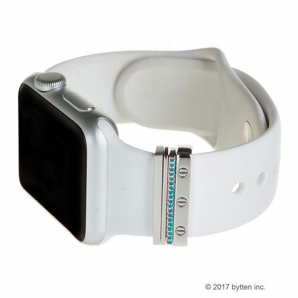 bytten silver azul stack on silver Apple Watch with bright white sport band