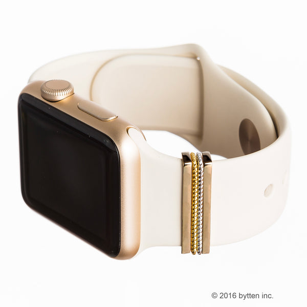 bytten mini classic stack on gold Apple Watch with bytten winter white sport band