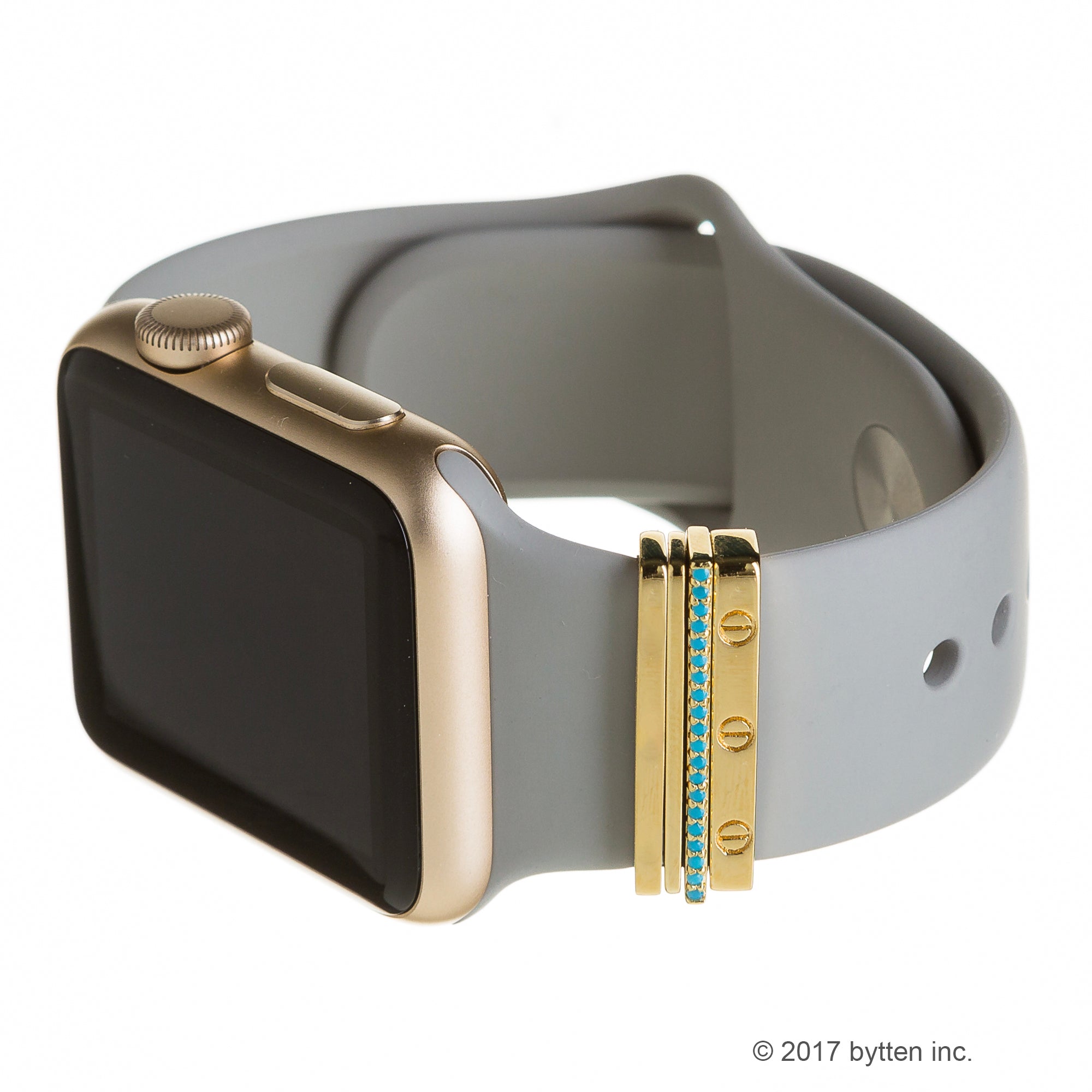 bytten gold azul stack on gold Apple Watch with french grey sport band