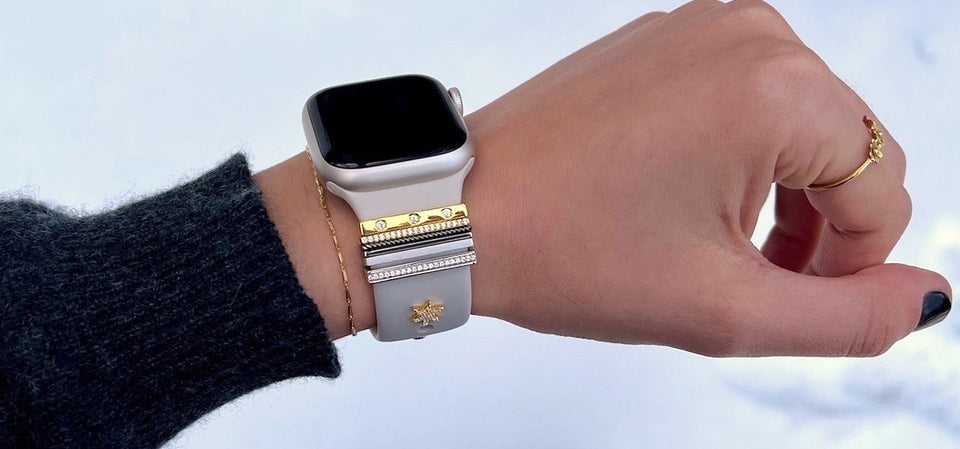 gold and silver sparkly stacking rings Apple Watch and Fitbit band jewelry and charms
