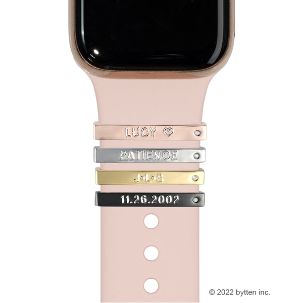 Apple Watch with pink blush sport band and bytten 3mm engraved etoile rings