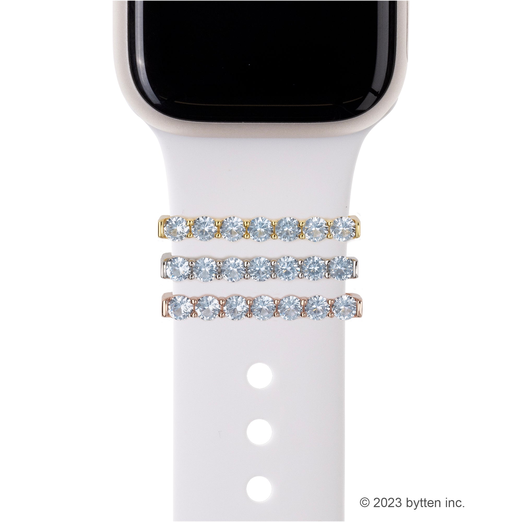 bytten round cut aquamarine eternity ring accessories for Apple Watch and Fitbit bands in rose gold, silver and gold