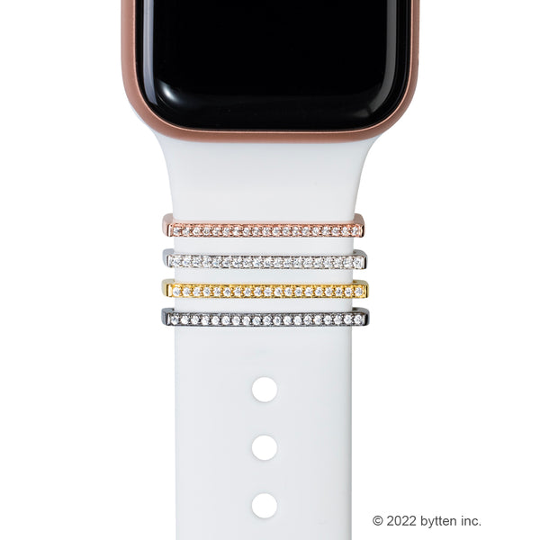 bytten cubic zirconia stacking rings for Apple Watch sport bands and Fitbit bands. iwatch jewelry in rose gold, sterling silver, gold and black rhodium