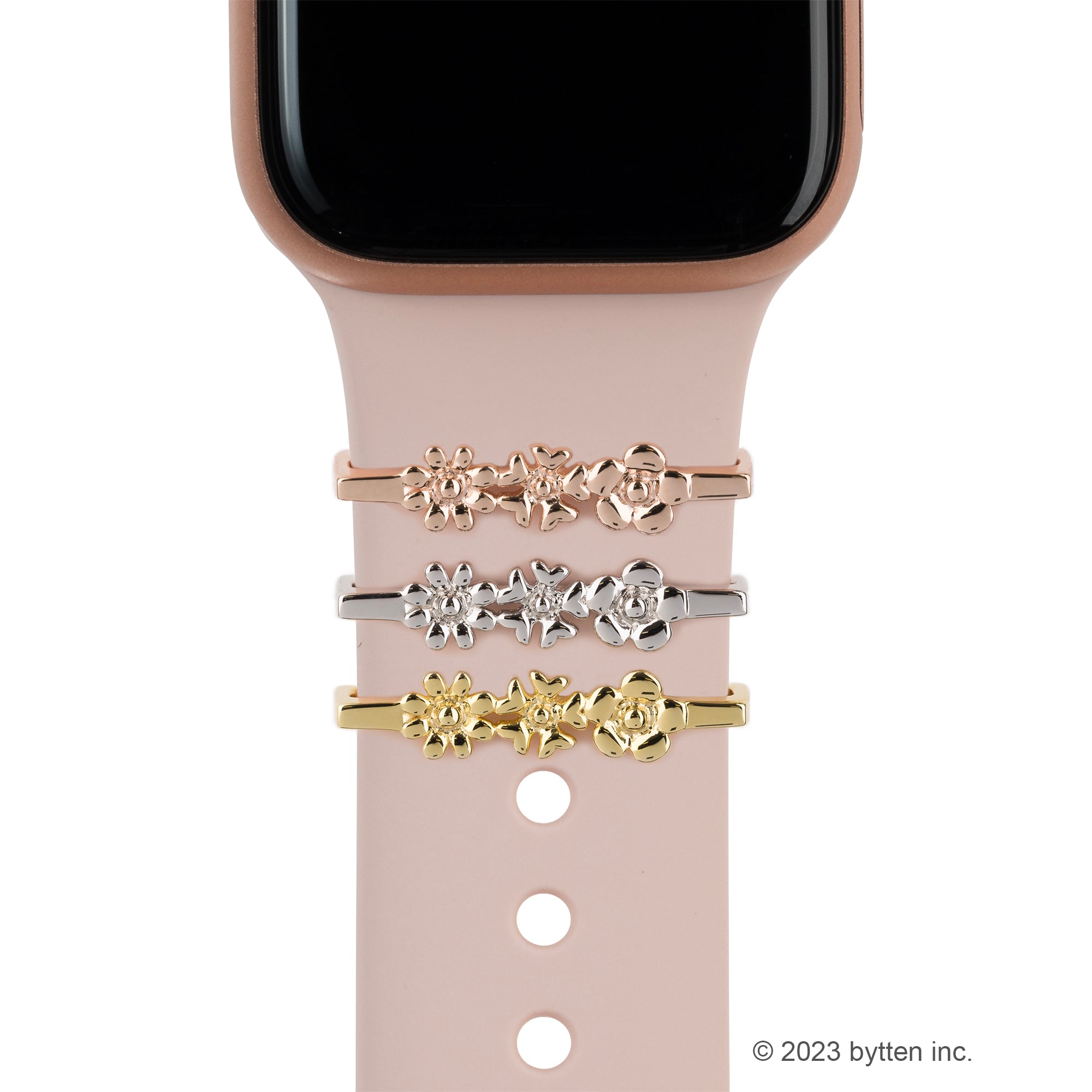 bytten triple flower ring accessory for Apple Watch and Fitbit bands in rose gold, silver and gold