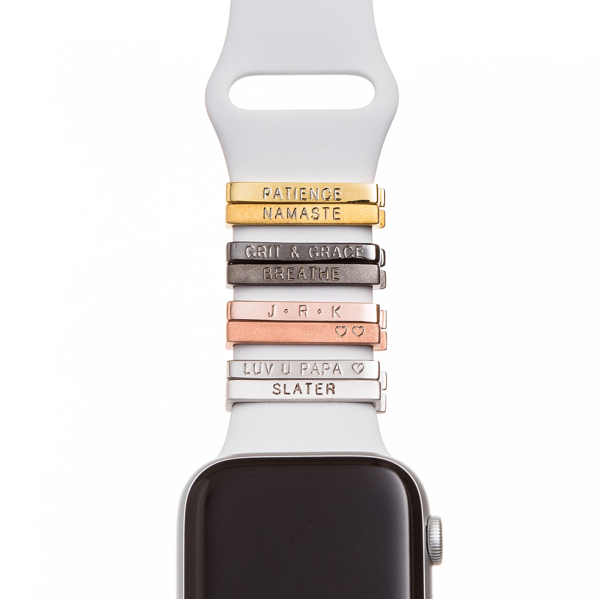 Apple Watch with white Sport band custom engraved 3mm satin and polished clasps