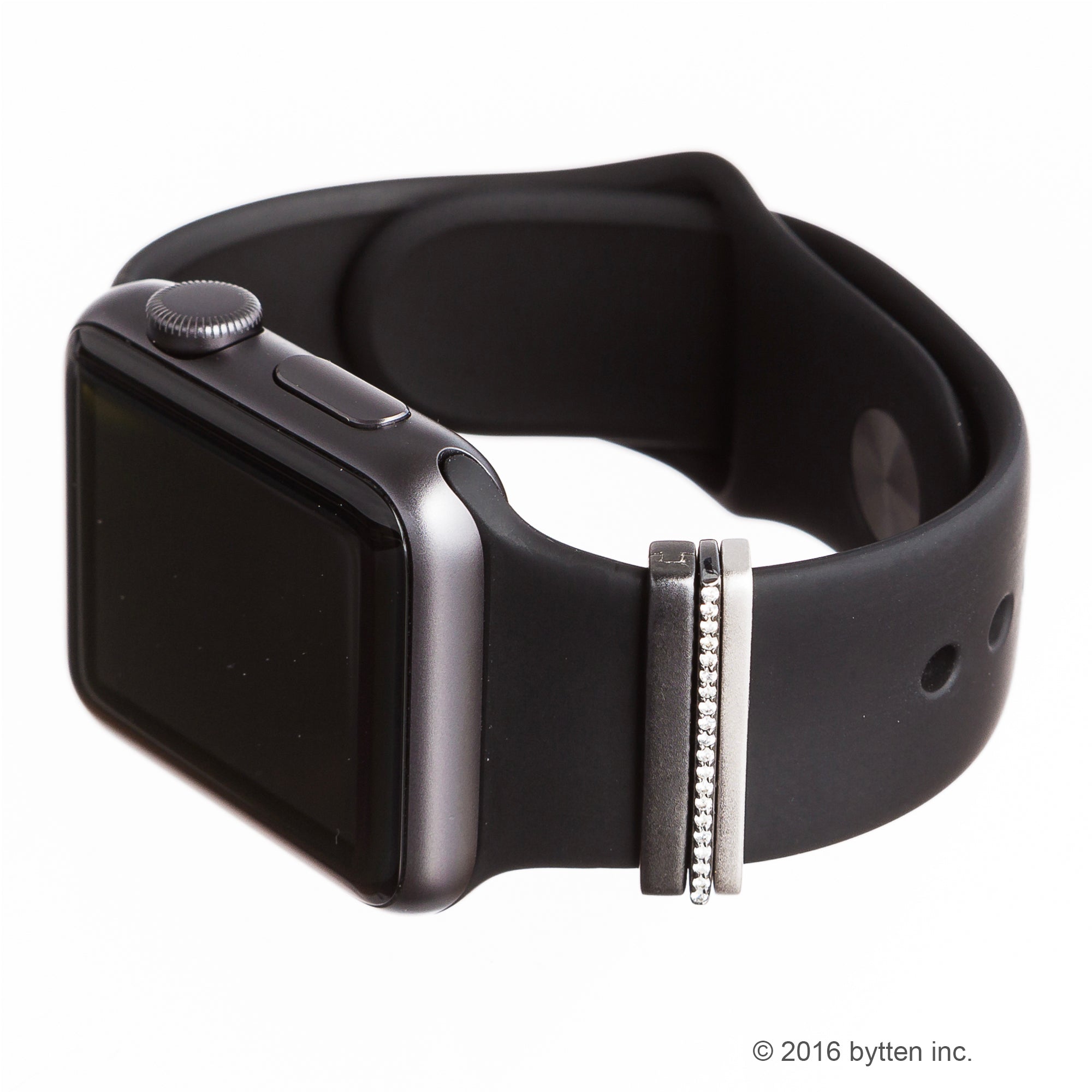 black mini glam stack on Space Grey Apple Watch with deep black sport band