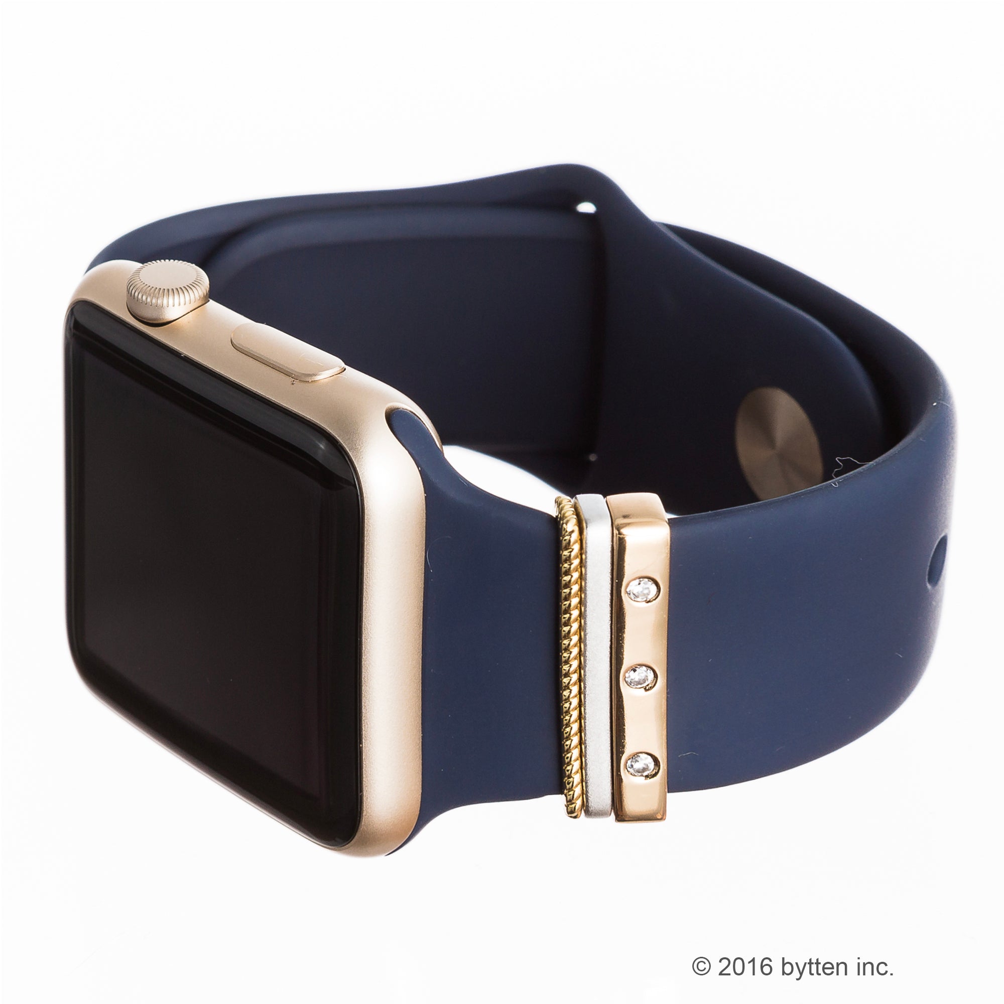 bytten gold mini glam stack on gold Apple Watch with midnight blue sport band