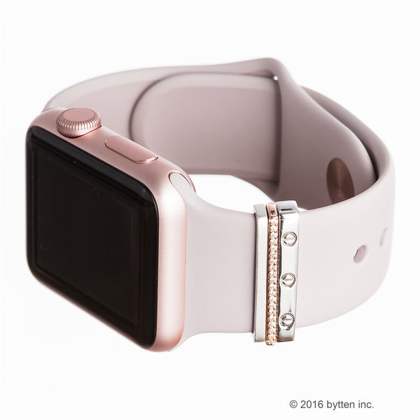rose gold mini glam stack on rose gold Apple Watch with bytten pink blush band