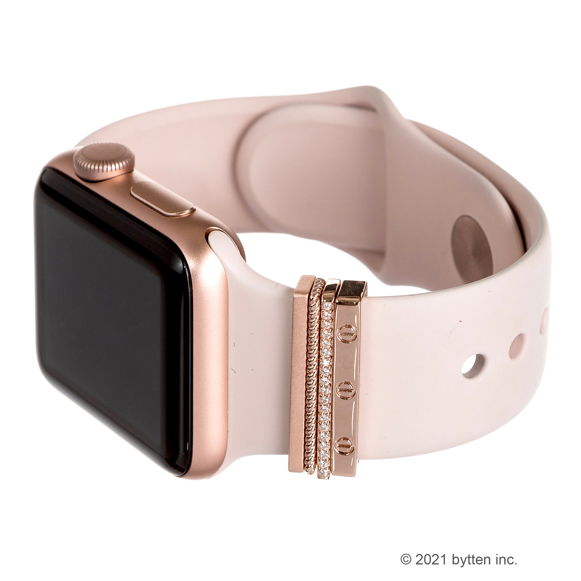 bytten rose gold Sweden stack on rose gold Apple Watch with pink blush bytten band