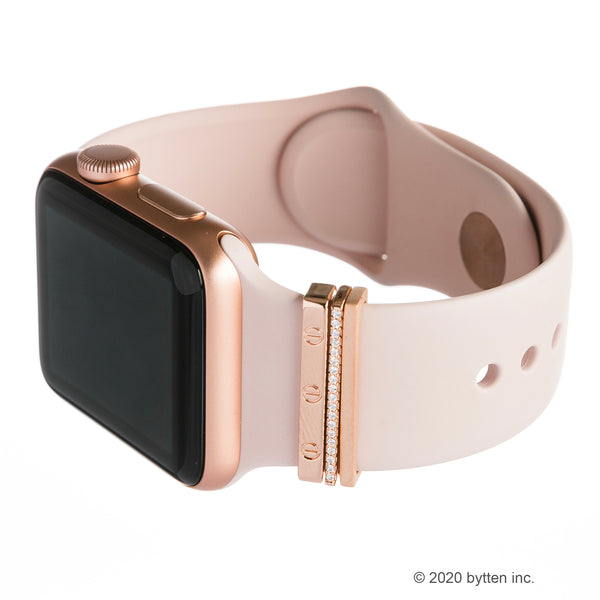 rosiest gold mini glam stack on rose gold Apple Watch with pink blush bytten band