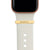Gold Apple Watch with white Sport band and satin gold bytten 3mm engraved ring charm accessory