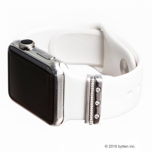 silver mini glam stack on silver Apple Watch with bright white bytten band