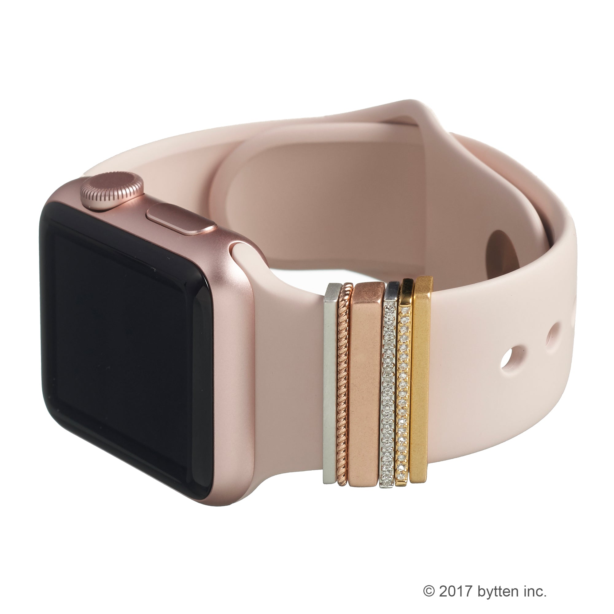 bytten ultimate glam stack on rose gold Apple Watch with pink blush bytten band